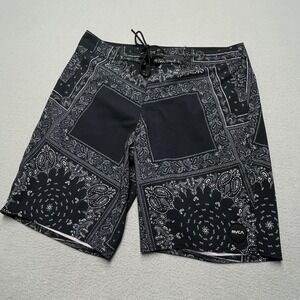 RVCA Mens Black Bandana Paisley Print Board Shorts Swim Trunks Size 32